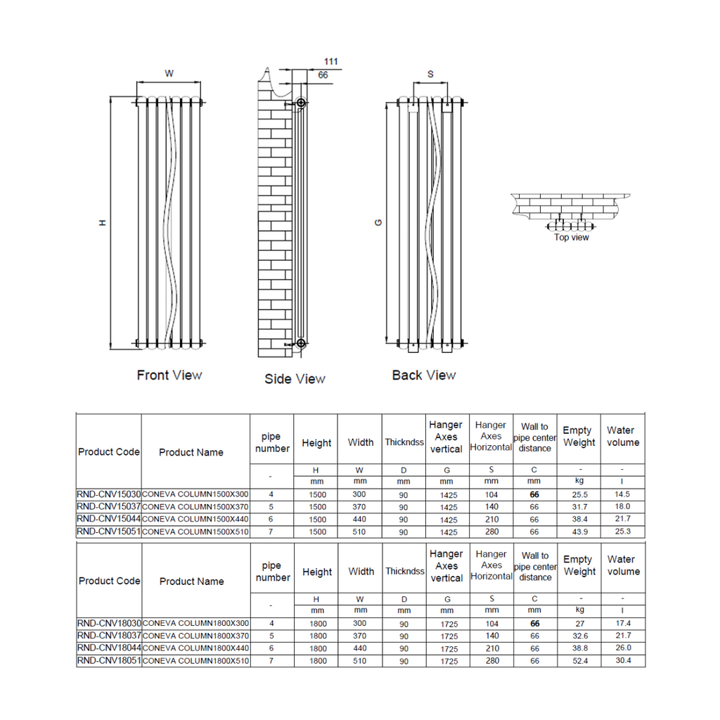 Reina Coneva Vertical technical drawing