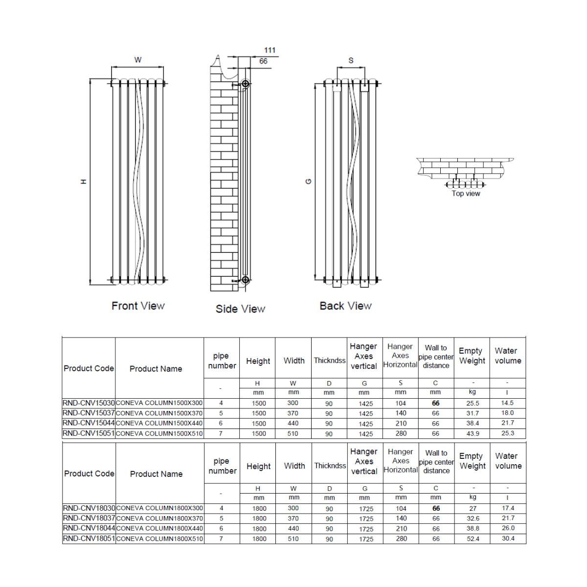 Reina Coneva Vertical technical drawing