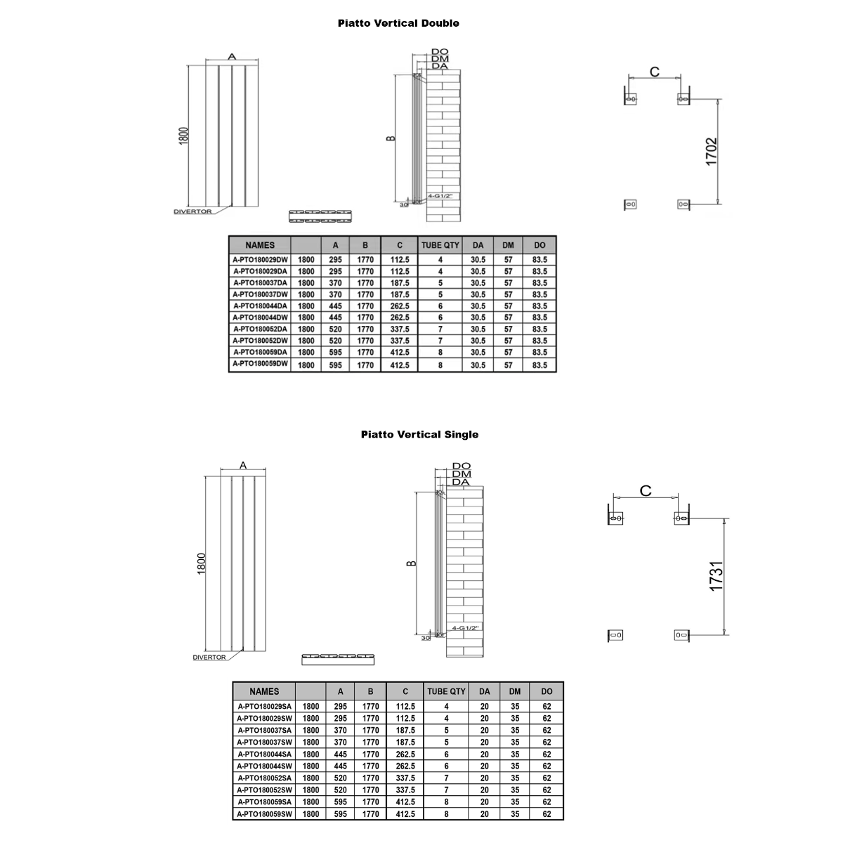 Reina Piatto Vertical technical drawing